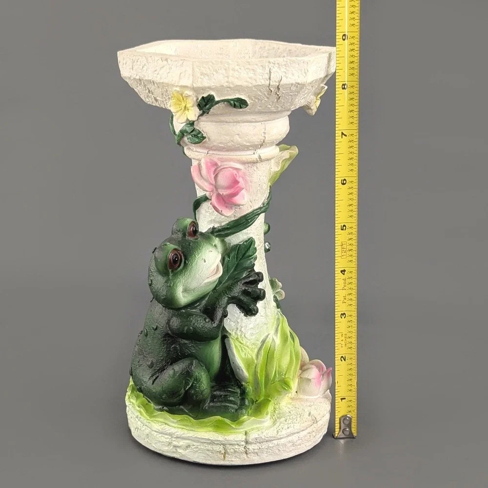 Vintage Frog and Rose Resin Pedestal Candle Holder Garden Decor 8.5 Inch